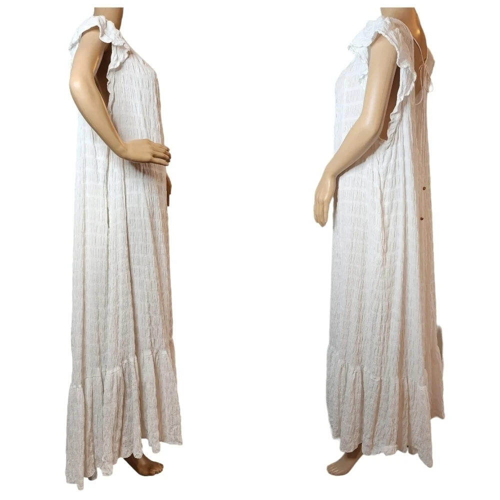 Free People Size Medium Oversized‎ Cotton White Maxi Dress Pockets Stretch
